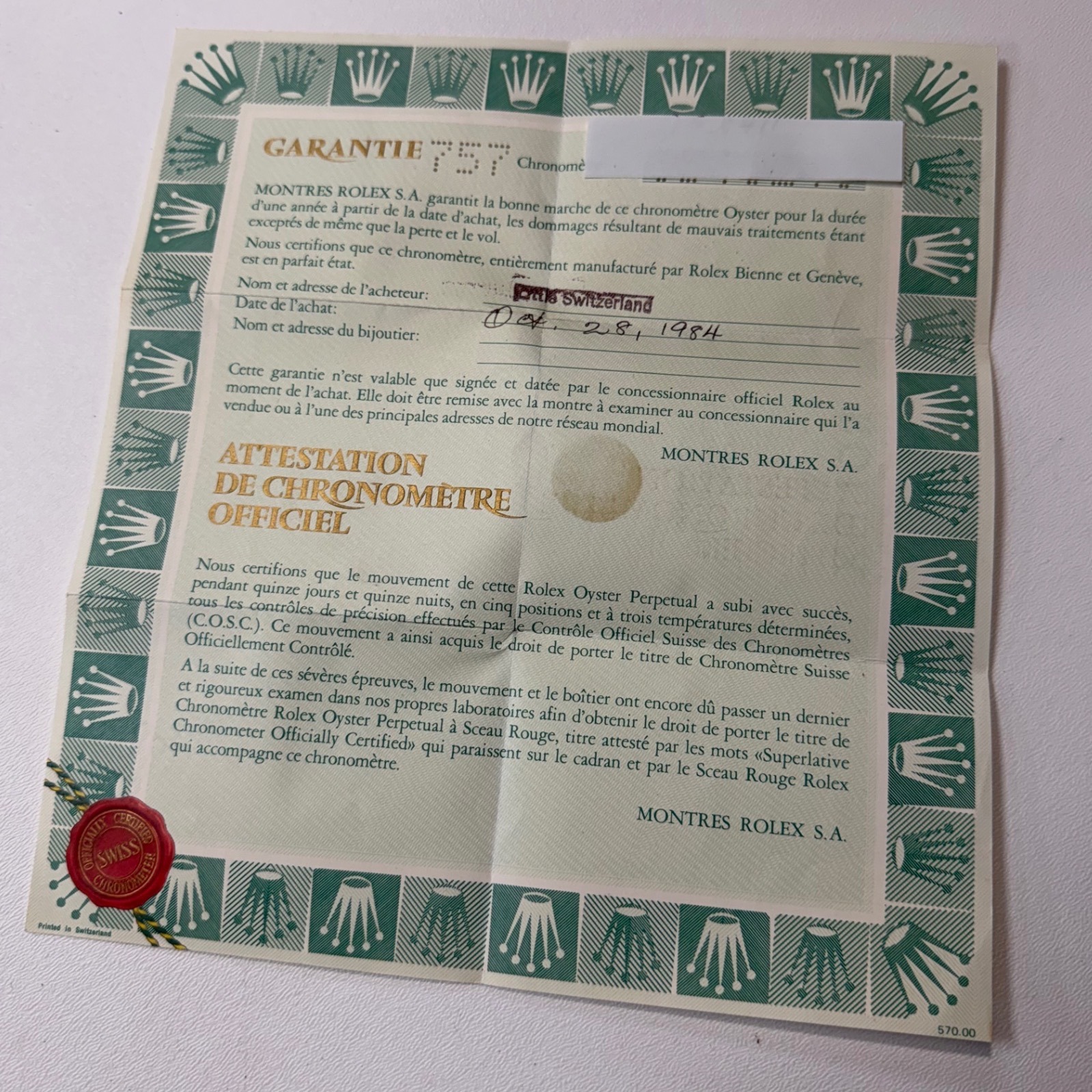 Vintage Rolex 16013 Datejust Warranty Paper Attestation Chronometer 1984 57000